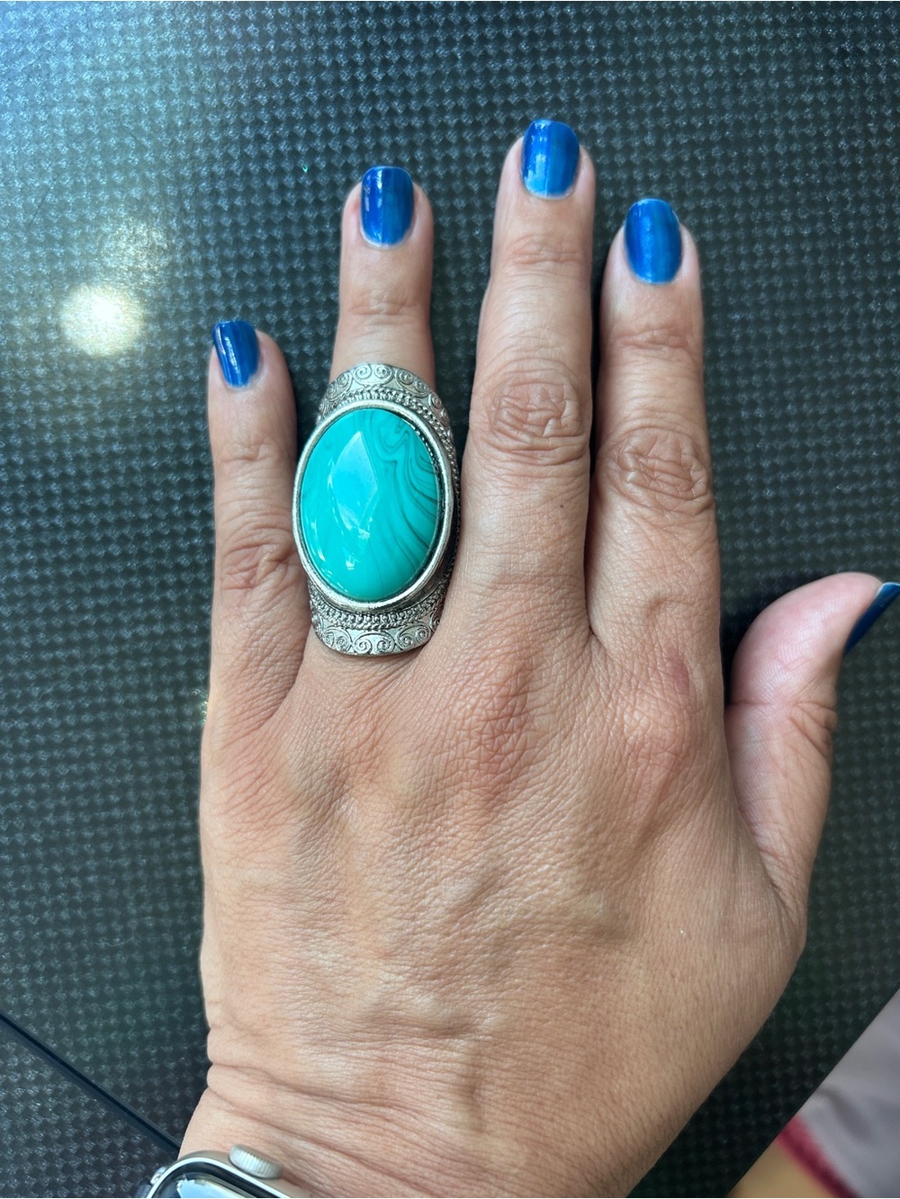 Turquoise Oval Statement Ring - Silver Tone